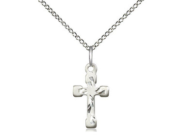 Small sterling silver Catholic cross necklace with 5/8 inch pendant on 18 inch chain by Bliss Manufacturing