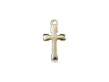 Small 14kt solid gold Catholic cross pendant measuring 5/8 inch by 3/8 inch by Bliss Manufacturing