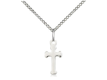 Sterling silver small Catholic cross necklace with 1/2 by 1/4 inch pendant on 18 inch curb chain by Bliss