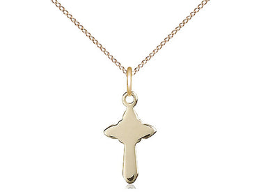 14kt gold filled small Catholic cross necklace with 5/8 by 3/8 inch pendant on 18 inch curb chain by Bliss