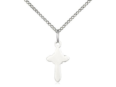 Sterling silver small Catholic cross necklace with 5/8 by 3/8 inch pendant on 18 inch curb chain by Bliss