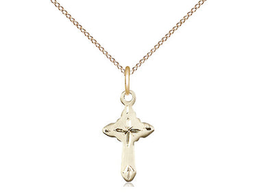 14kt gold filled small Catholic cross necklace with 5/8 by 3/8 inch pendant on 18 inch lite curb chain by Bliss