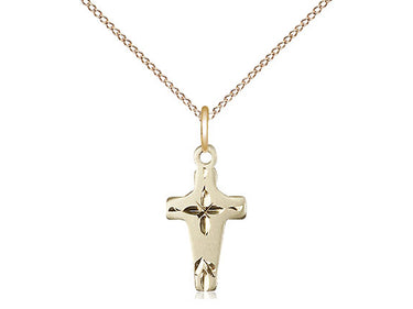Small 14kt Gold Filled Catholic Cross Necklace with 5/8 x 3/8 inch pendant on 18 inch lite curb chain by Bliss Manufacturing