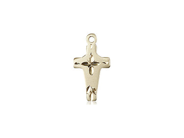 14kt solid gold small Catholic cross pendant 5/8 x 1/4 inch handcrafted in USA by Bliss Manufacturing