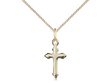 Small 14kt Gold Filled Catholic Cross Necklace with 5/8 x 3/8 inch pendant on 18 inch curb chain by Bliss Manufacturing
