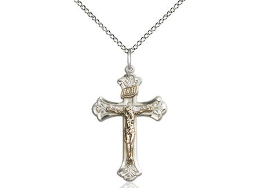 Two-tone Gold Filled and Sterling Silver Catholic crucifix necklace with 1 1/8 inch pendant on 18 inch chain, handcrafted by Bliss Manufacturing