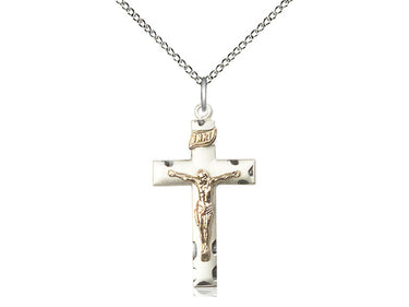 Two-tone gold filled sterling silver medium crucifix necklace 1.125 x 0.625 inch pendant 18 inch chain Bliss