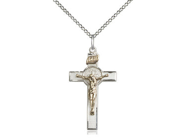 Two-tone gold filled sterling silver St Benedict crucifix necklace 1.125 x 0.625 inch pendant 18 inch chain Bliss