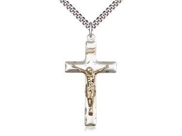 Two-Tone Gold Filled Sterling Silver Large Catholic Crucifix Necklace 1 5/8 x 7/8 inches on 24 inch chain by Bliss Manufacturing