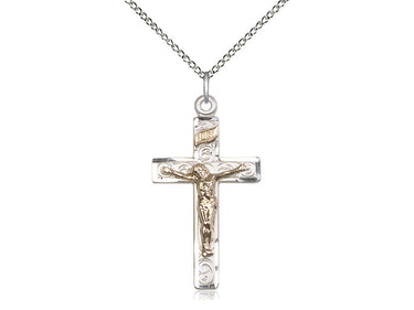 Two-Tone Gold Filled Sterling Silver Large Catholic Crucifix Necklace 1 1/4 x 5/8 inches on 18 inch chain by Bliss Manufacturing
