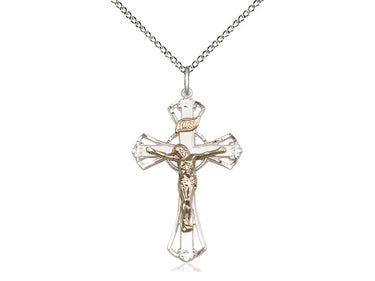 Two-tone gold filled and sterling silver large Catholic crucifix necklace with 18 inch chain by Bliss