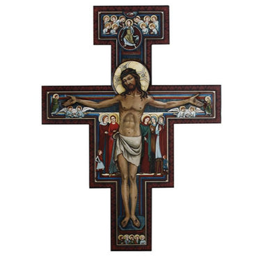Large 31-inch San Damiano wall crucifix handcrafted in wood by Italian artist Marco Sevelli with Byzantine iconography