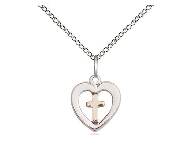Two-tone Gold Filled and Sterling Silver small heart cross necklace with 18 inch chain by Bliss Manufacturing