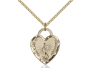 14kt gold filled Our Lady of Guadalupe heart medal necklace 3/4 x 5/8 inches on 18 inch curb chain by Bliss