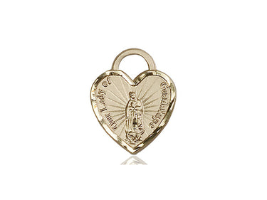 14kt solid gold Our Lady of Guadalupe heart medal pendant 3/4 x 5/8 handcrafted by Bliss Manufacturing USA