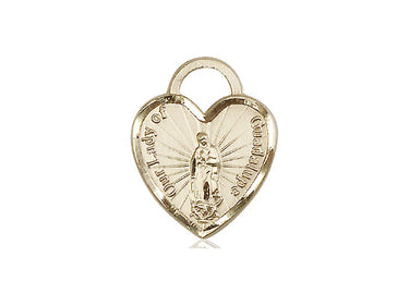 14kt solid gold Our Lady of Guadalupe heart medal pendant 3/4 x 5/8 handcrafted by Bliss USA