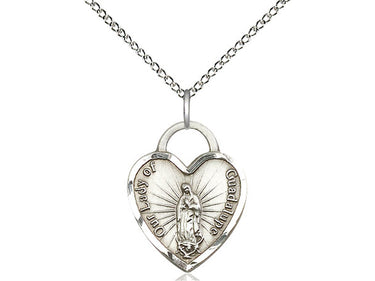 Sterling silver Our Lady of Guadalupe heart medal necklace 3/4 x 5/8 with 18 inch chain by Bliss USA