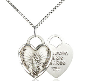 Sterling Silver Our Lady of Guadalupe Heart Necklace 3/4x5/8 with 18 inch Chain by Bliss Manufacturing
