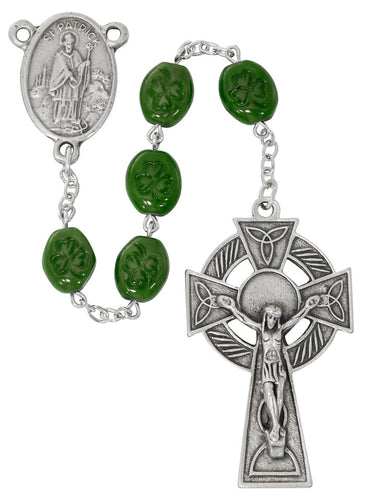 8x11mm oval green shamrock rosary 24 inches with silver oxidized center and crucifix carded in clear box