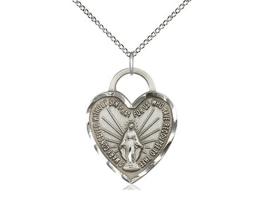 Sterling Silver Miraculous Heart Necklace 1 x 3/4 inches with 18 inch chain by Bliss Manufacturing