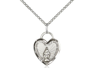 Small sterling silver Miraculous Medal heart pendant necklace with 18 inch chain handcrafted by Bliss