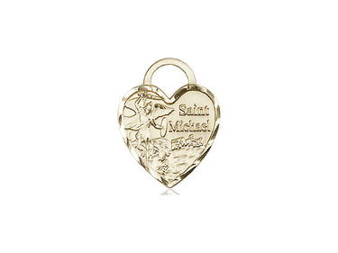 14kt solid gold St. Michael heart medal pendant, 5/8 by 1/2 inch, small delicate design, handcrafted by Bliss