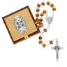 Olive wood St. Benedict Rosary with 2x2 inch wood keepsake box and clear display box, made in Italy