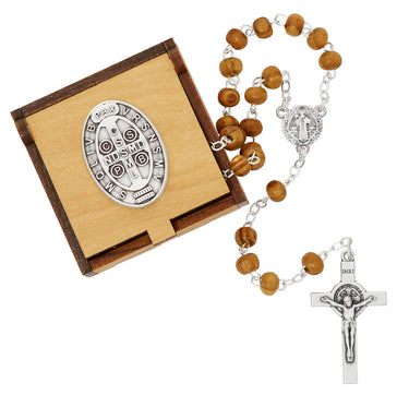 Olive wood St. Benedict Rosary with 2x2 inch wood keepsake box and clear display box, made in Italy