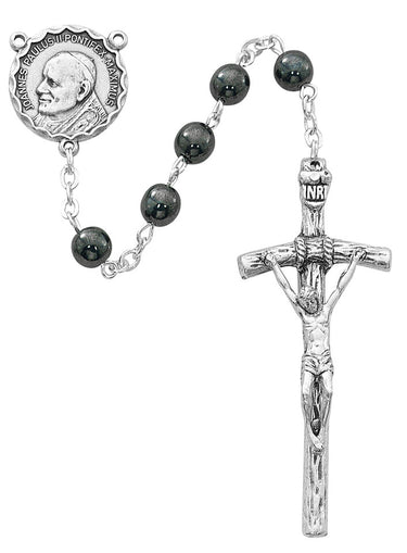 6mm hematite papal rosary with silver oxidized crucifix and center piece, 18 inch length, shown in plastic gift box