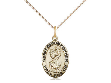 14kt gold filled St. Christopher patron saint medal necklace, medium 3/4 x 1/2 inch, 18 inch curb chain, Bliss Manufacturing USA