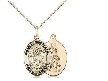 Gold Filled St. Michael the Archangel Catholic medal necklace, 3/4 x 1/2 inch pendant on 18 inch curb chain, handcrafted by Bliss Manufacturing USA