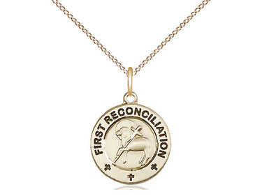 Small 14kt Gold Filled First Reconciliation medal necklace with 5/8 by 1/2 inch pendant on 18 inch chain by Bliss Manufacturing