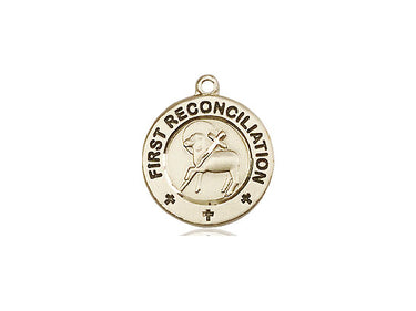 Small 14kt solid gold First Reconciliation medal pendant, 5/8 x 1/2 inch, handcrafted by Bliss