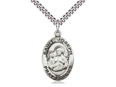 Sterling Silver St. Joseph Patron Saint Medal Necklace 1 inch x 5/8 inch pendant 24 inch chain Bliss