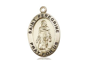 14kt solid gold St. Peregrine patron saint medal pendant, 1 inch by 5/8 inch, handcrafted by Bliss Manufacturing