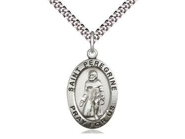 Sterling silver St. Peregrine patron saint medal necklace, 1 inch by 5/8 inch pendant on 24 inch curb chain, Bliss