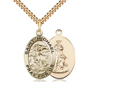 Gold Filled St. Michael the Archangel Catholic medal necklace, 1 x 5/8 inch pendant on 24 inch curb chain, handcrafted by Bliss Manufacturing USA