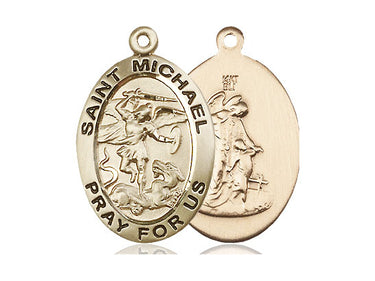 14kt Solid Gold St. Michael the Archangel Catholic medal pendant, 1 x 5/8 inch, handcrafted by Bliss Manufacturing USA