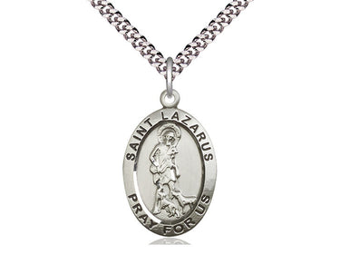 Sterling Silver St. Lazarus Patron Saint Medal Necklace with 24 inch Curb Chain by Bliss Manufacturing