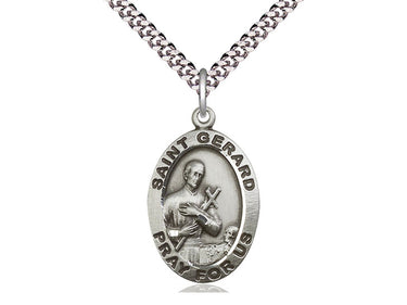 sterling silver St Gerard Majella patron saint medal necklace 1x5/8 inch pendant 24 inch chain handcrafted by Bliss Manufacturing USA