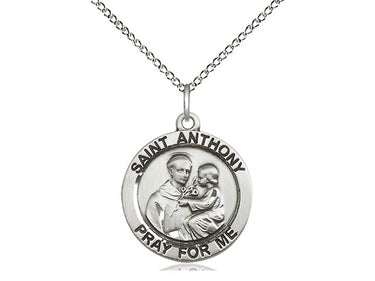 Sterling silver St. Anthony of Padua patron saint medal necklace with 18 inch curb chain, handcrafted in USA by Bliss Manufacturing