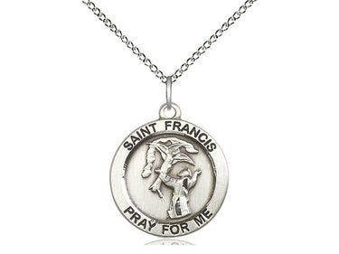 Sterling silver St. Francis patron saint medal necklace with 18 inch curb chain, handcrafted in USA by Bliss Manufacturing