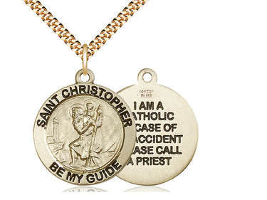 14kt Gold Filled St. Christopher Medal Necklace 1 inch by 7/8 inch pendant on 24 inch chain by Bliss Manufacturing