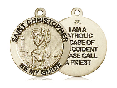 14kt solid gold St. Christopher patron saint medal pendant, 1 inch x 7/8 inch medium size, handcrafted in USA by Bliss Manufacturing