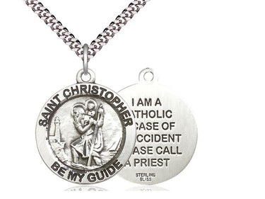 Sterling silver St. Christopher patron saint medal necklace with 24 inch curb chain, 1 inch x 7/8 inch medium medal, handcrafted by Bliss