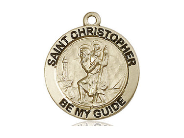 14kt solid gold St. Christopher patron saint medal pendant, 1 inch x 7/8 inch medium size, handcrafted in USA by Bliss Manufacturing