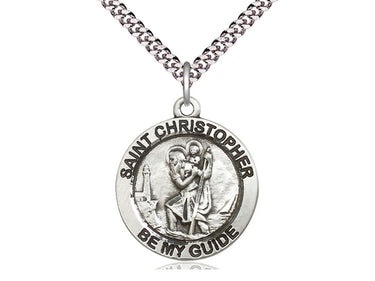 Sterling Silver St. Christopher Patron Saint Medal Necklace 1 inch x 7/8 inch Medium with 24 inch Curb Chain Bliss Manufacturing