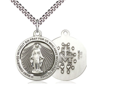 Sterling Silver Miraculous Medal Necklace 1x7/8 inches with 24-inch chain handcrafted by Bliss Manufacturing
