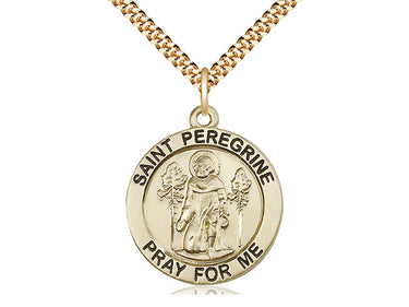 14kt gold filled St. Peregrine patron saint medal necklace, 1 inch by 7/8 inch pendant on 24 inch curb chain, Bliss