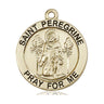 14kt solid gold St. Peregrine patron saint medal pendant, 1 inch by 7/8 inch, handcrafted by Bliss Manufacturing